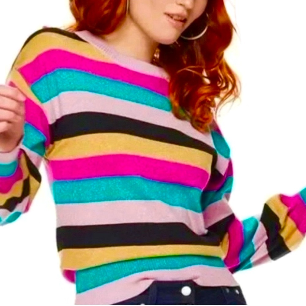 Nine West Colorblock Sparkle Stripe Disco  crewneck Sweater Y2K size medium